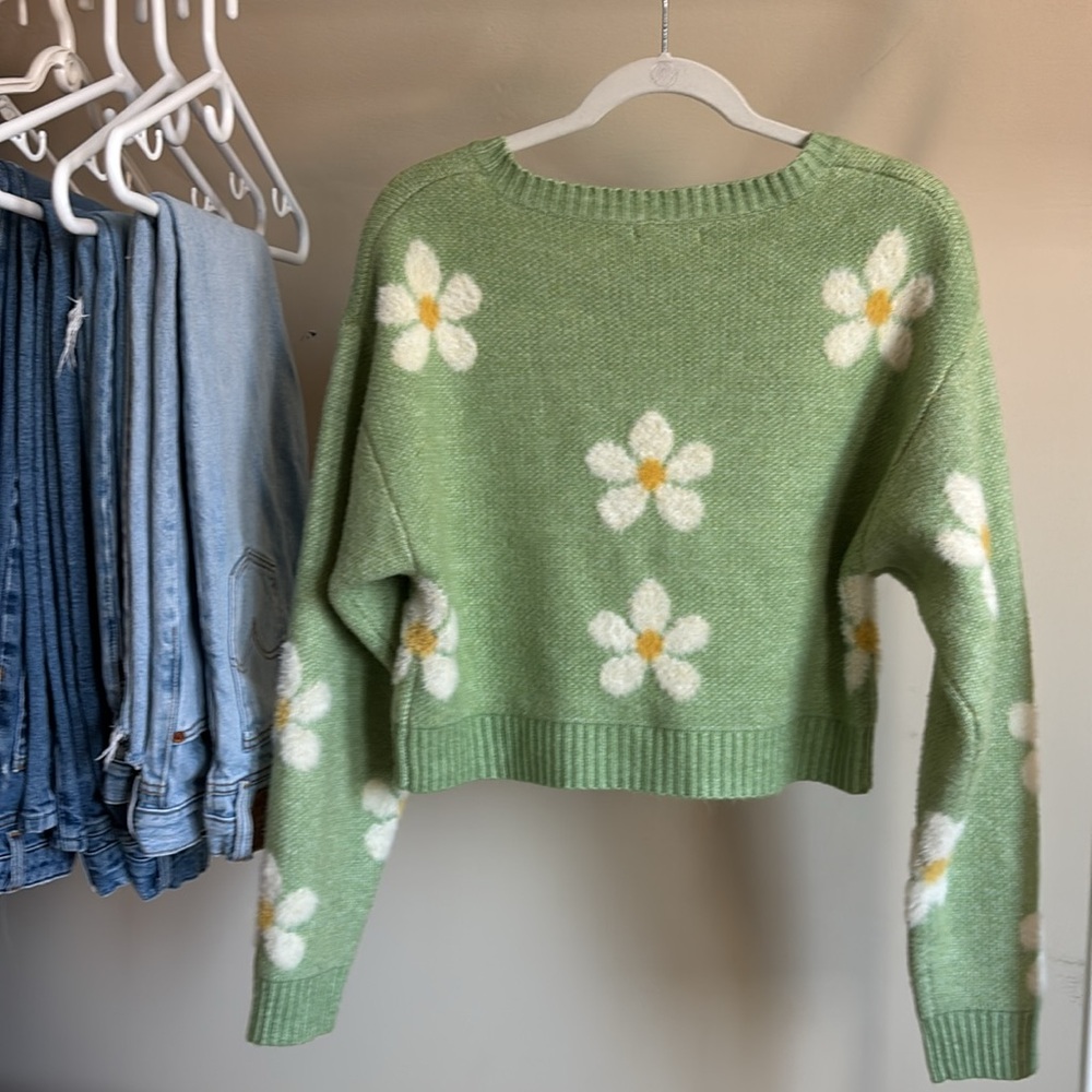 La Hearts Green Daisy Knit Cardigan with Yellow Centers - Picture 3 of 5